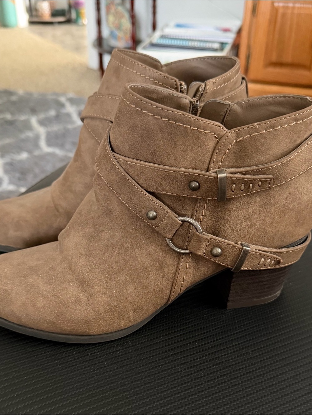 Womens Tan Suede Ankle Boots with Buckle Detail